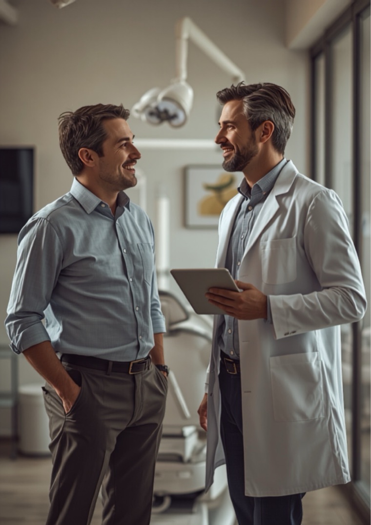 A consultant talking with a dentist in a white coat, a dental operatory in view