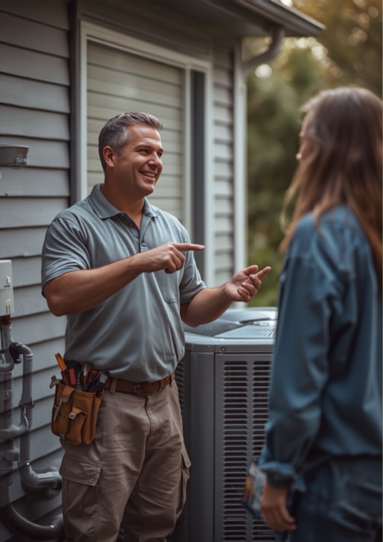 A heating and air conditioning contractor speaking with a client in front of an air conditioning unit